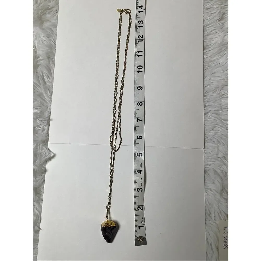 Express Gold Tone Amethyst Crystal Pendant Long Statement Necklace Boho E20-17